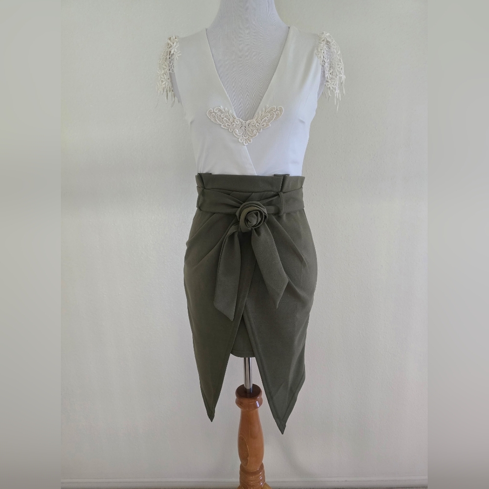 Banjul Dress White Top with Olive Green Asymmetrical Wrap Pencil Skirt